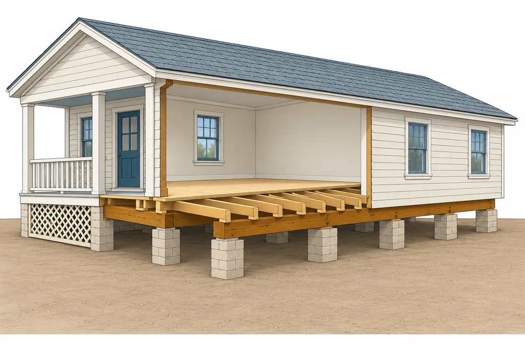 Cross-section of a raised wood-frame house with piers on the ground, beams on the piers, floor joists on the beams and a crawl space underneath