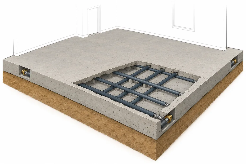 Cut-away of a concrete slab with steel cables running through it in two directions and anchors at its edge