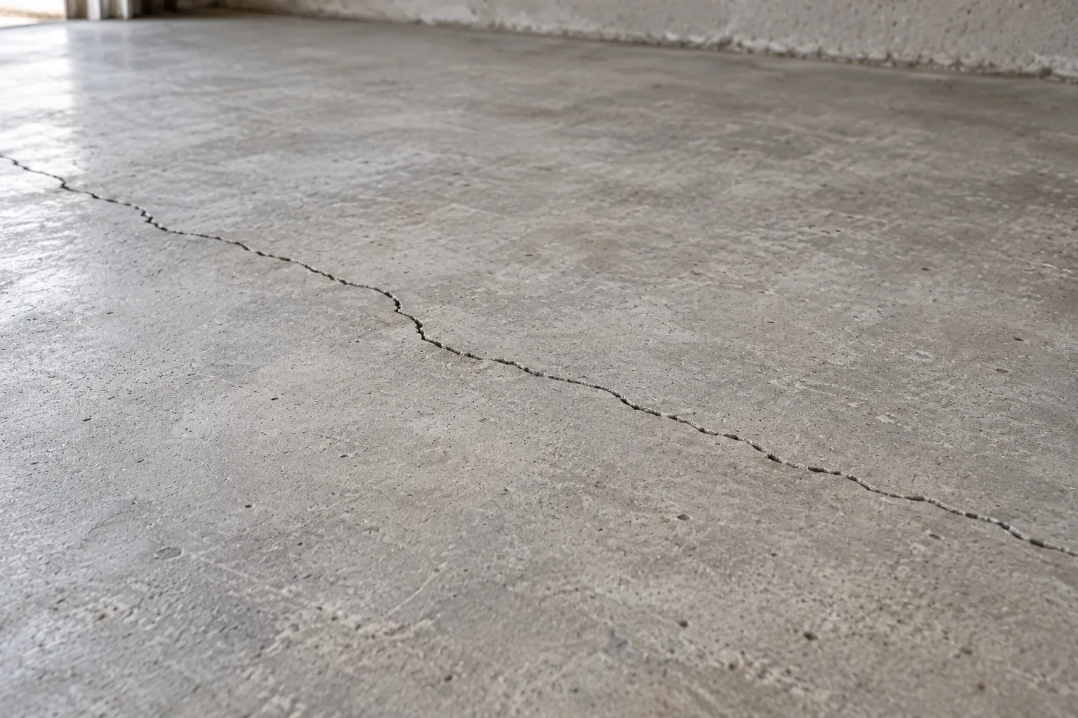 Thin crack running across a smooth concrete floor