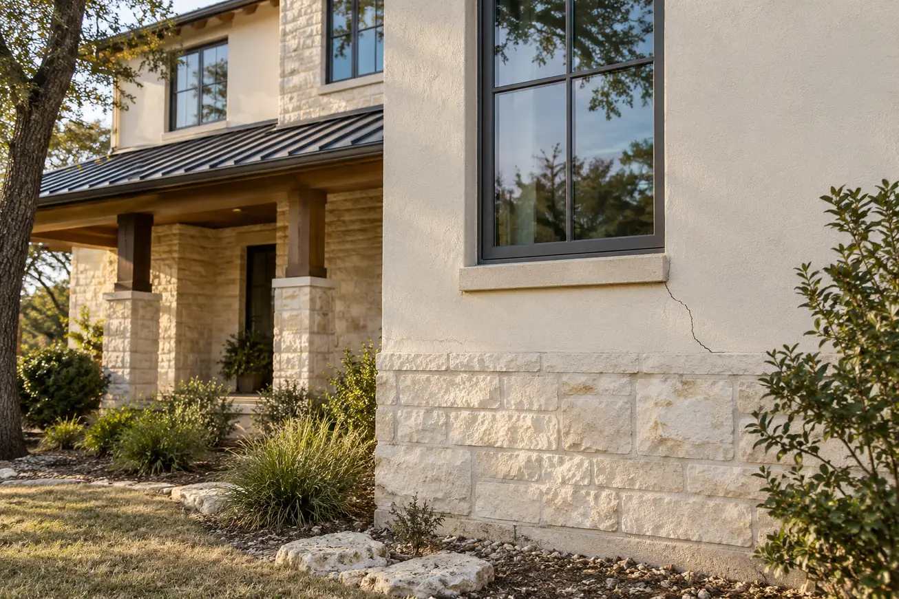 Two-story house with pale stone and stucco walls and a diagonal crack running from a window corner