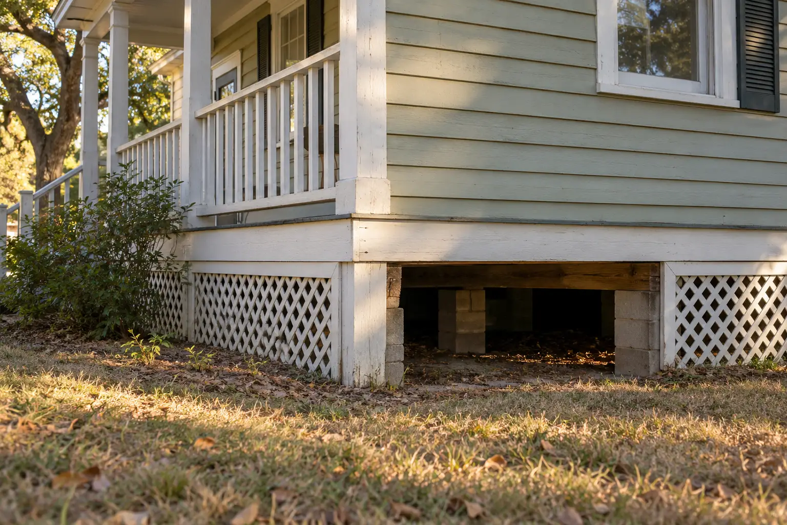 Older raised wood-frame house with an open skirting panel showing short piers underneath
